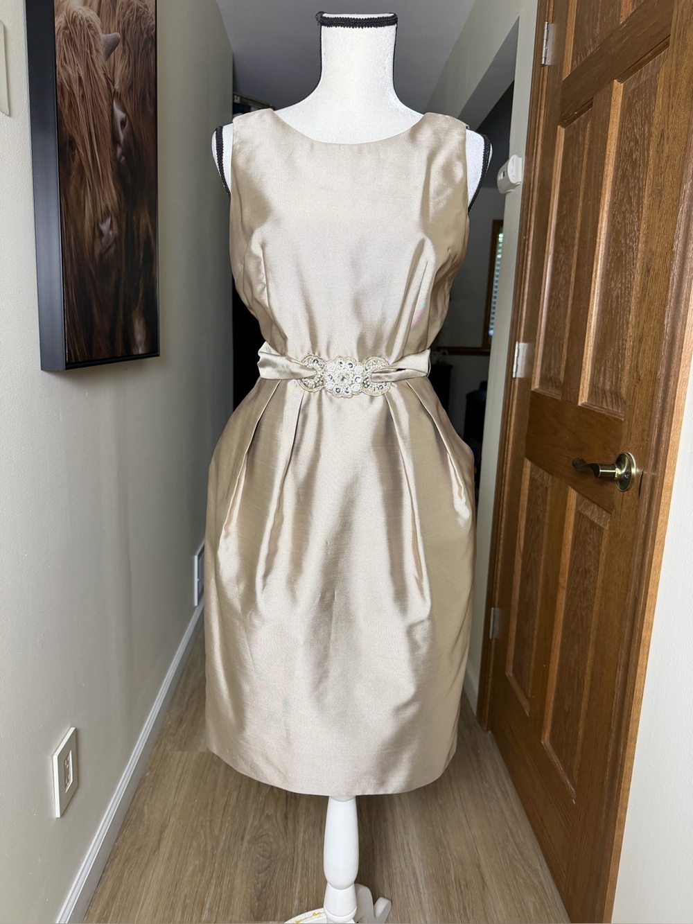 Alex Evenings Size 6 Champagne Satin Beaded Cocktail Formal Dress